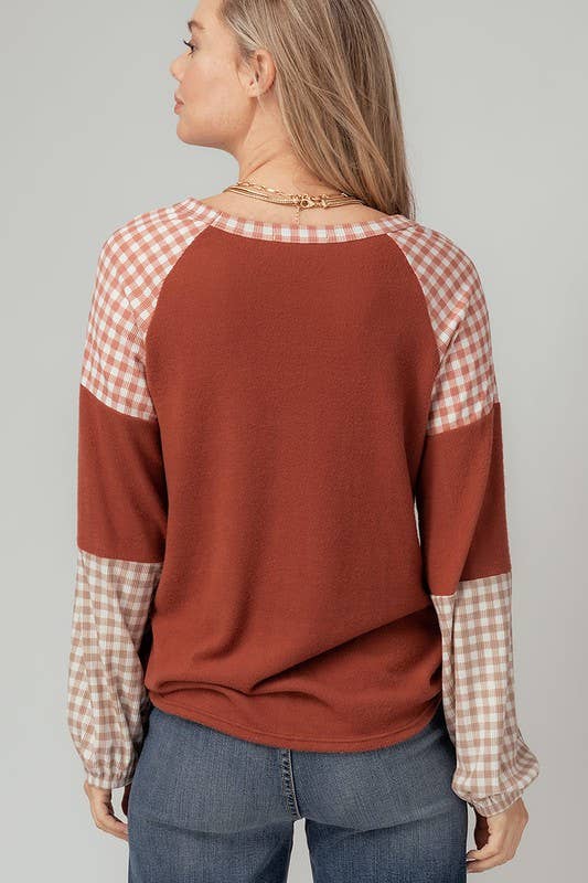 Rust Sweater Plaid Sleeve