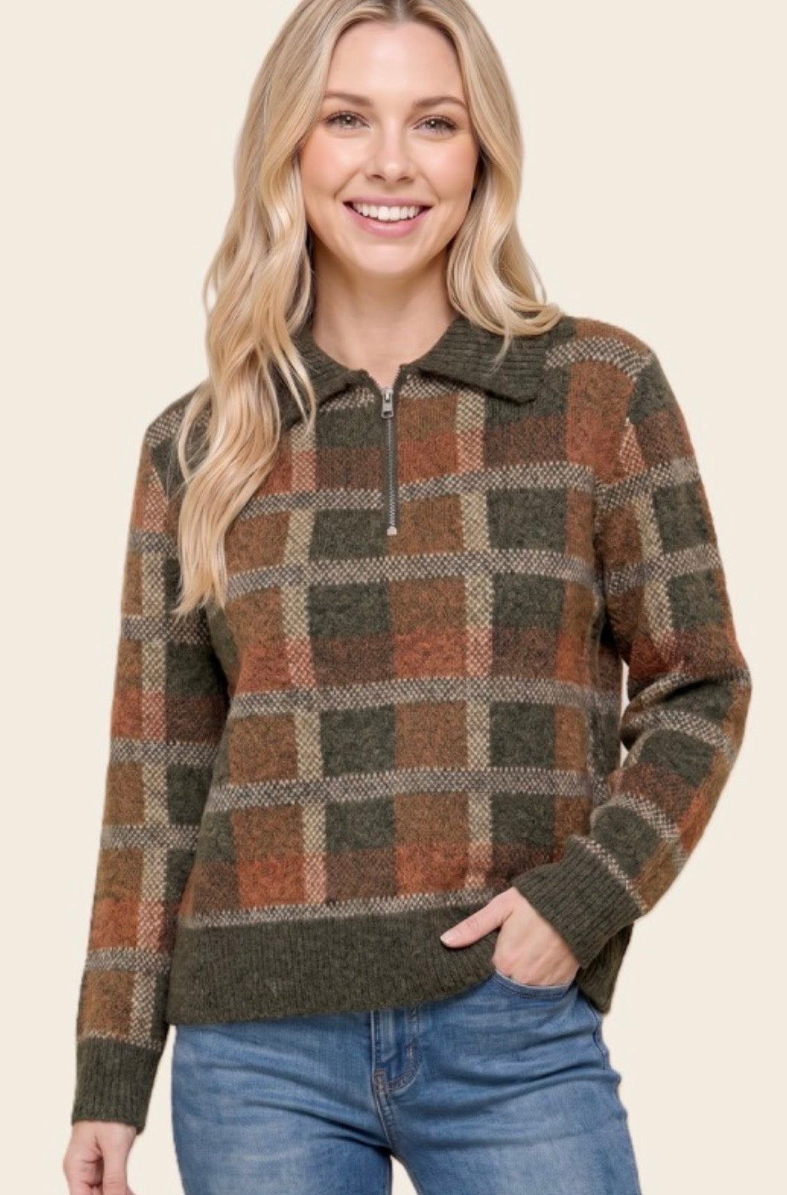 Olive Plaid 1/4 Zip Sweater