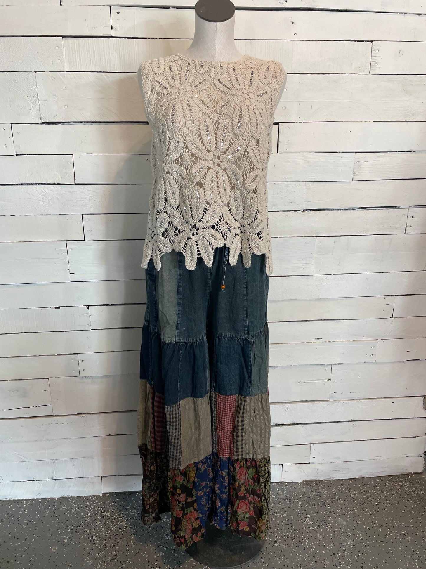 Boho Tiered Denim & Patch Pants