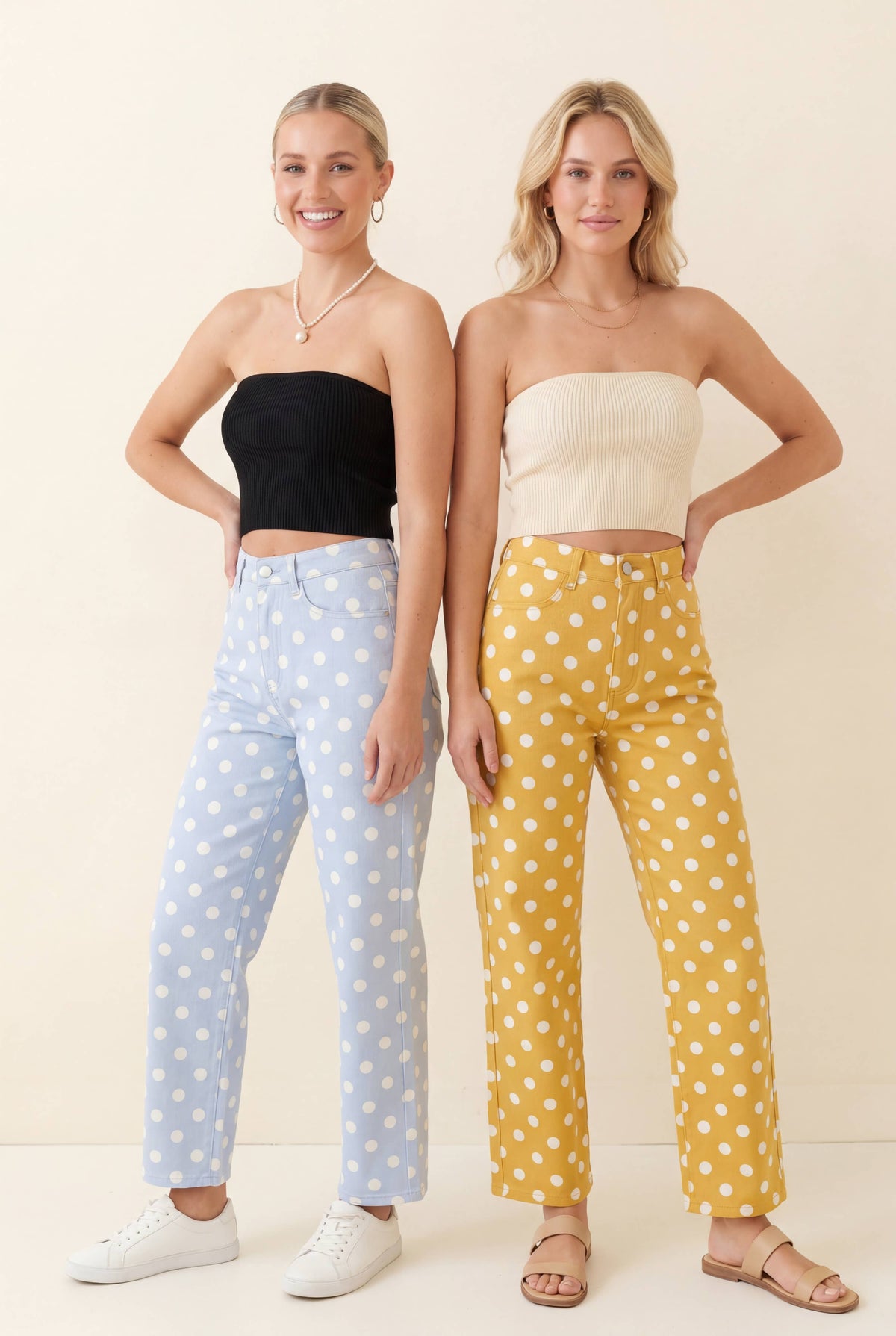 HEIMISH - HP40176 Polka Dot High Rise Straight Leg Pants - TAUPE/WHT / 2-2-2(S-M-L)