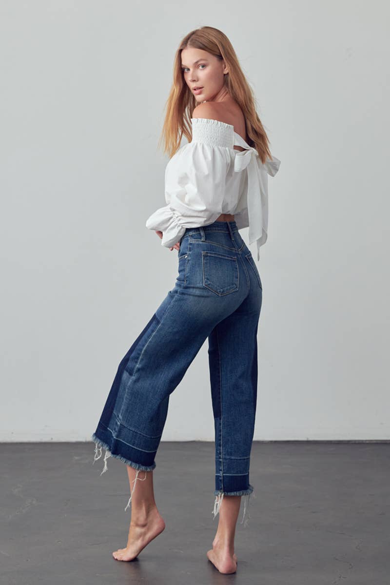 Mid Rise Raw Hem Crop Flare Jeans