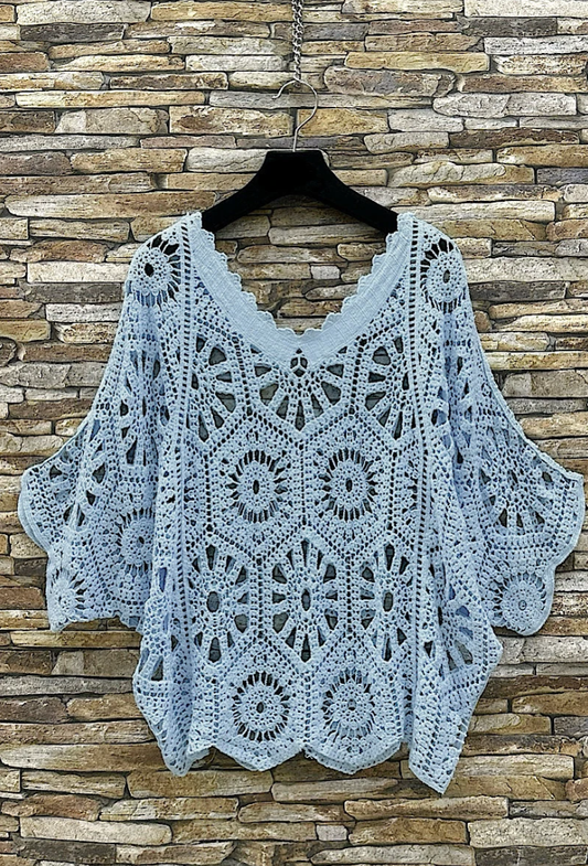 Light Blue Crochet Cotton Poncho Top