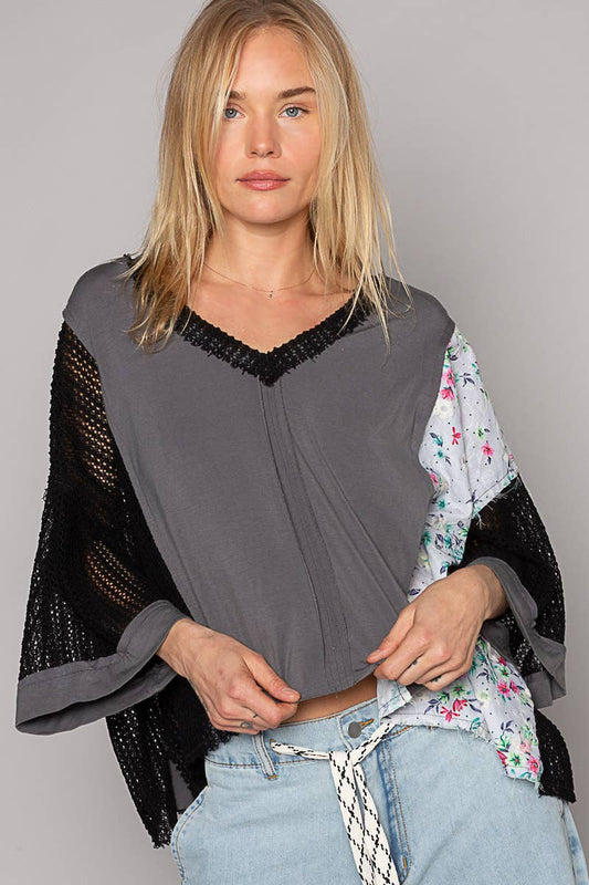 Charcoal Floral Crochet Contast Top