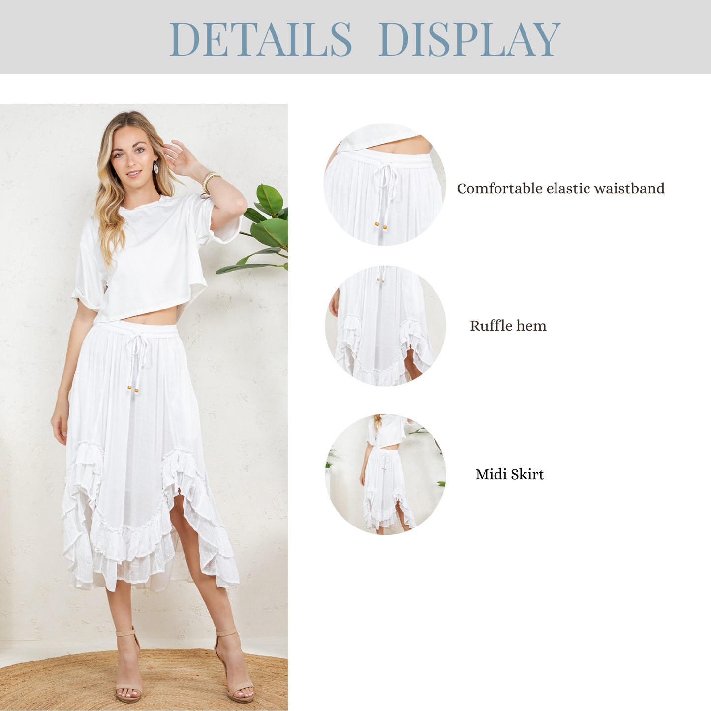 Young Threads - Rustic Bohemian: Asymmetrical Embroidered Midi Skirt - New - Latte / REGULAR (S-M-L-XL 2-2-2-1)