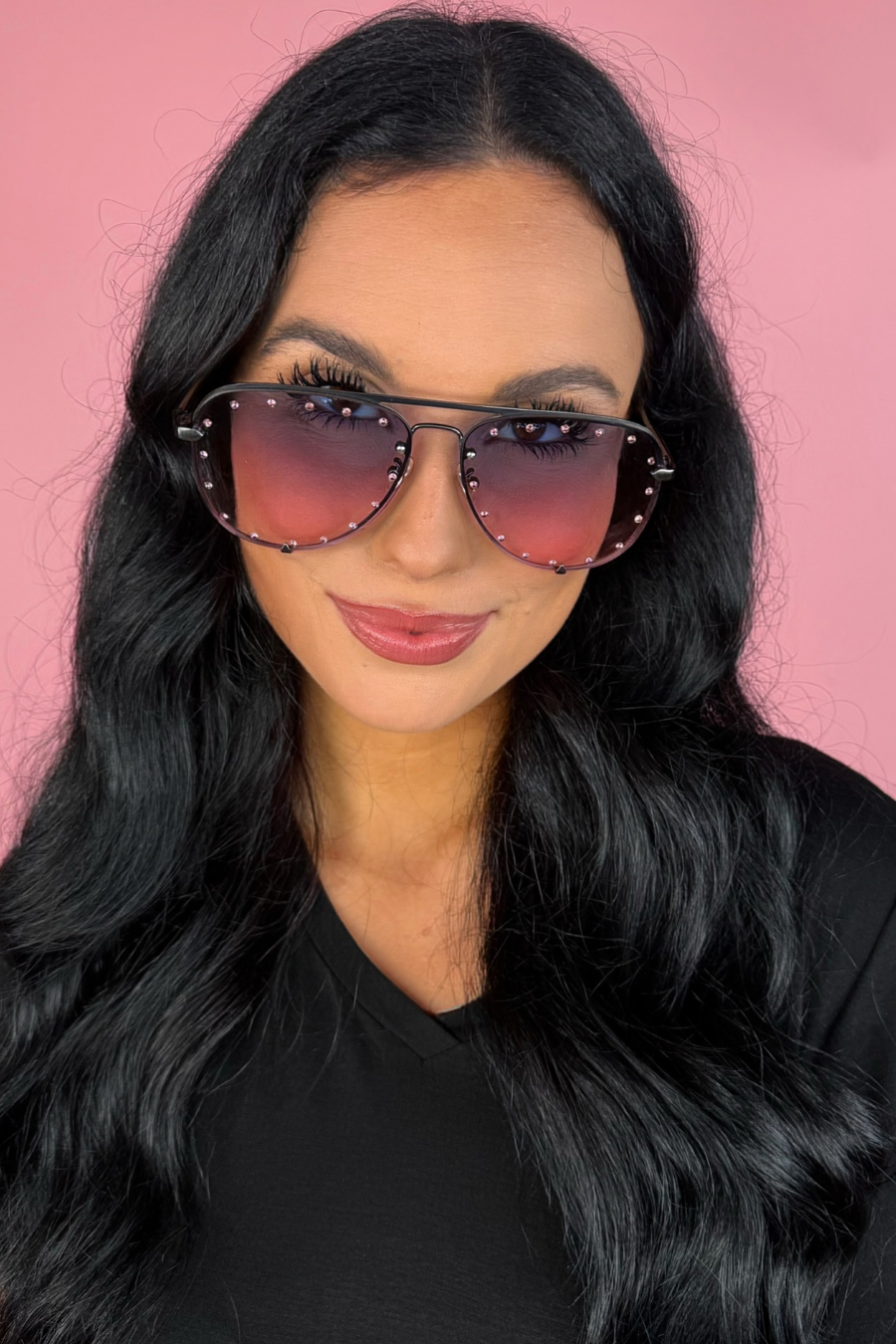 Studded Aviator Sunglasses - Pink