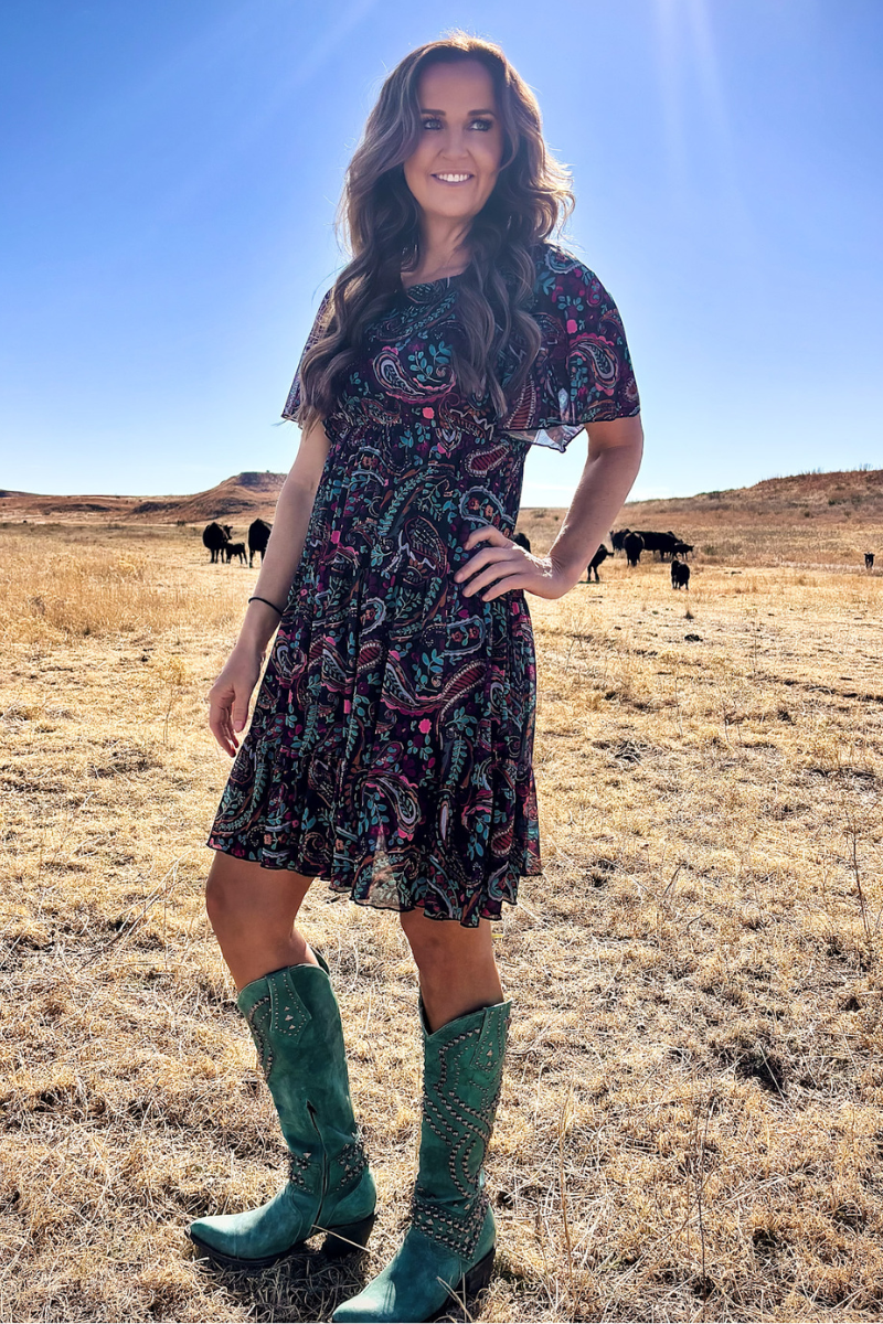 Black Paisley Mesh Overlay Dress