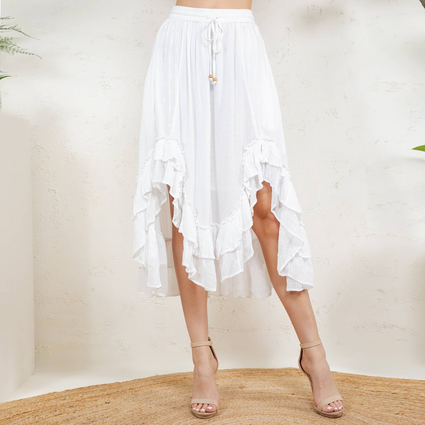 Young Threads - Rustic Bohemian: Asymmetrical Embroidered Midi Skirt - New - Latte / REGULAR (S-M-L-XL 2-2-2-1)