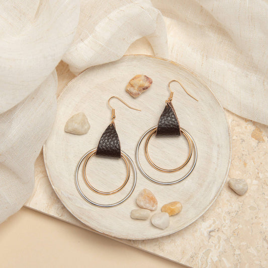 Leather Gold And Silver Ring Earrings