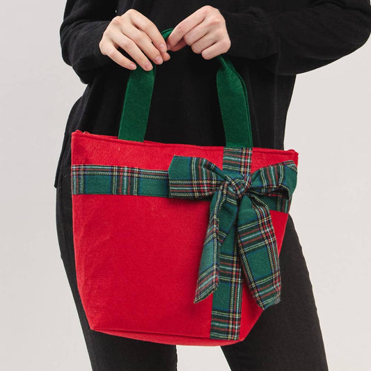 Christmas Red Tote Bag with Green Plaid Bow