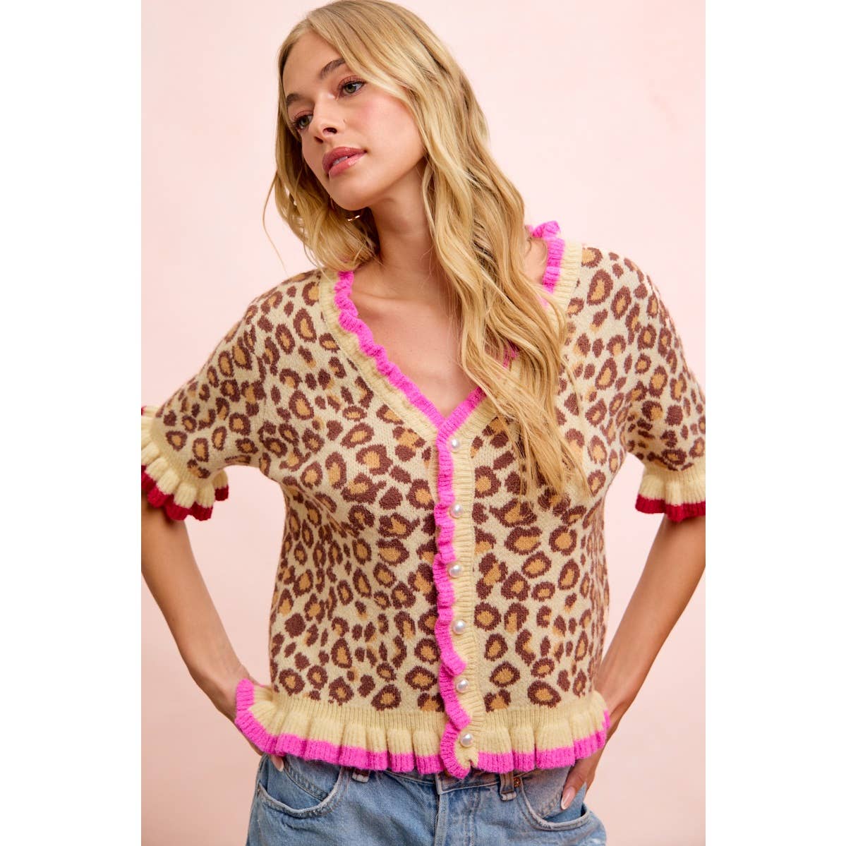 Leopard Ruffle Trim Cardigan