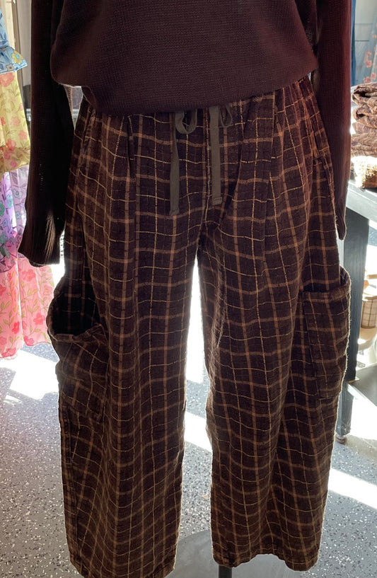 Brown Plaid Woven Barrel Pants