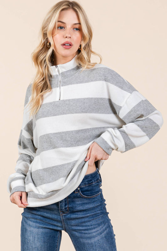 Cozy Striped Quarter-Zip Pullover - Heather Gray & White