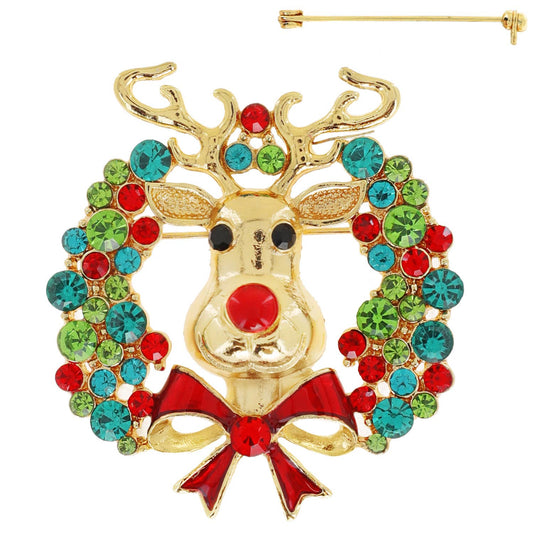 Jeweled Rudolph Wreath Brooch