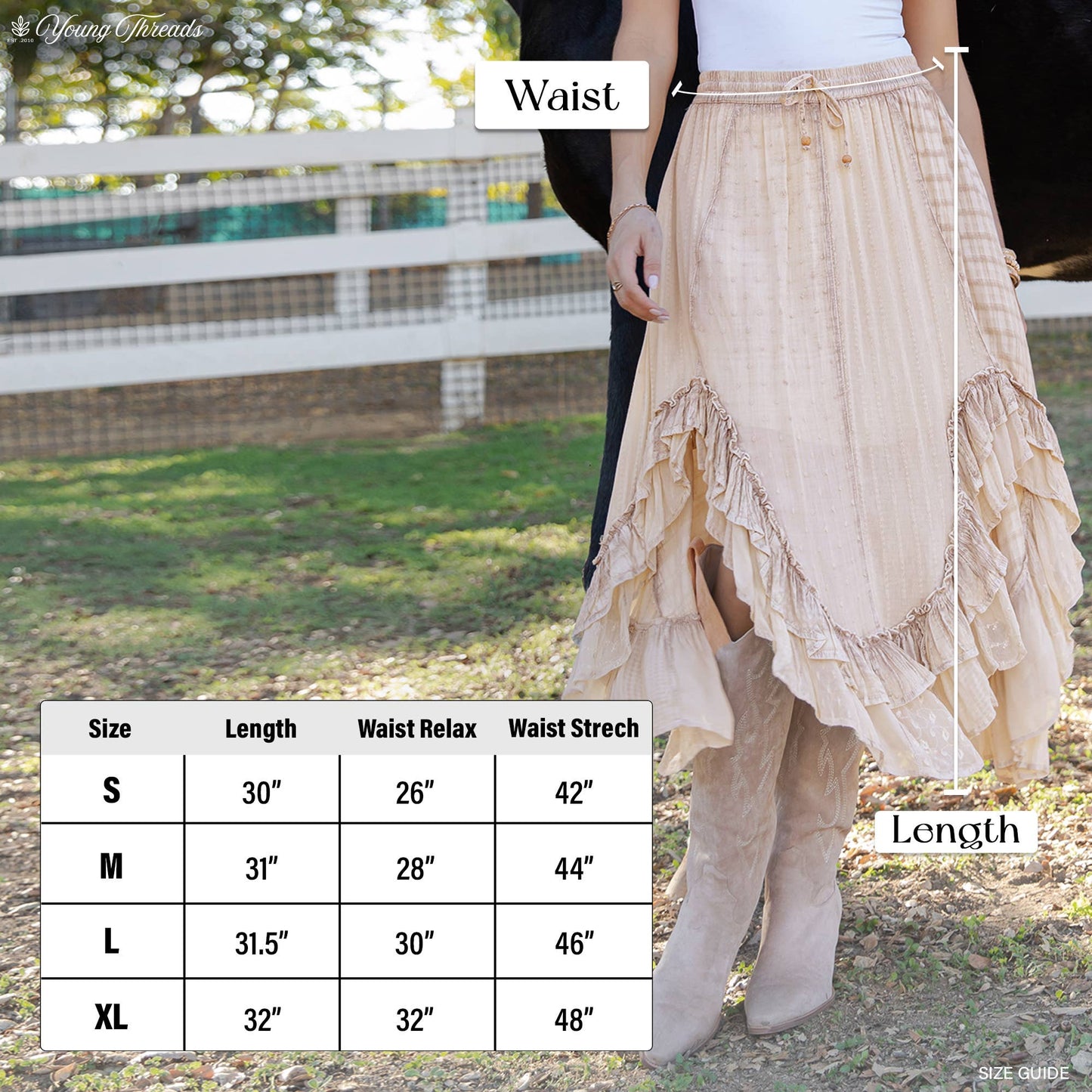 Young Threads - Rustic Bohemian: Asymmetrical Embroidered Midi Skirt - New - Latte / REGULAR (S-M-L-XL 2-2-2-1)