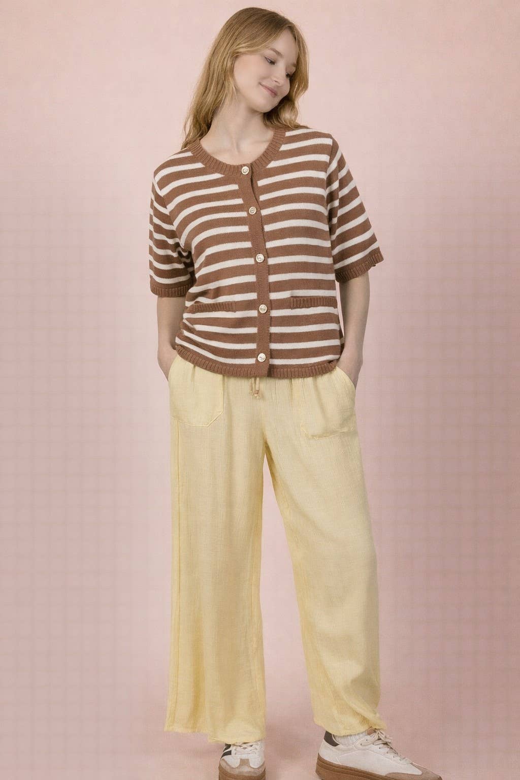 Brown Taupe Stripe Button-Down Knit Sweater Top