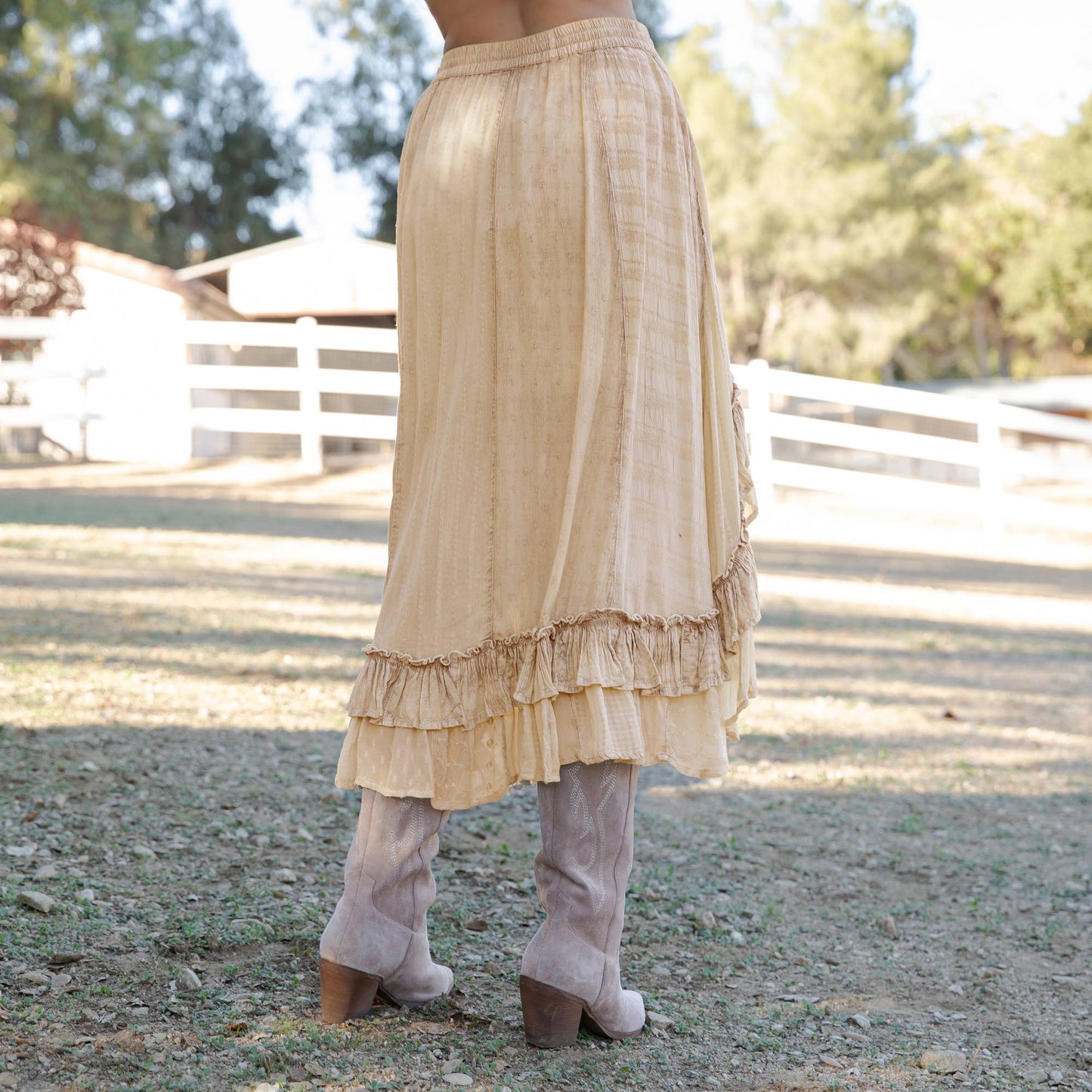 Young Threads - Rustic Bohemian: Asymmetrical Embroidered Midi Skirt - New - Latte / REGULAR (S-M-L-XL 2-2-2-1)