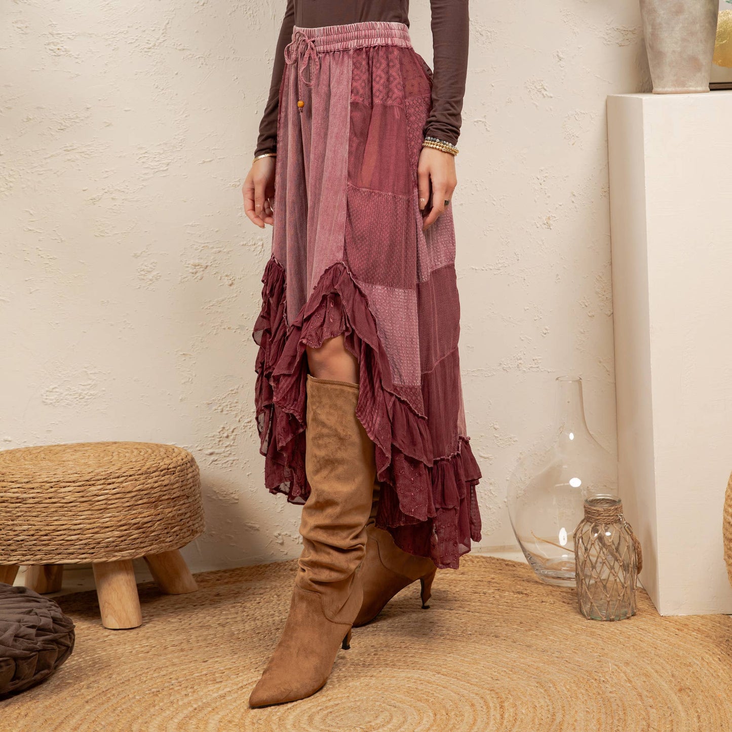 Young Threads - Rustic Bohemian: Asymmetrical Embroidered Midi Skirt - New - Latte / REGULAR (S-M-L-XL 2-2-2-1)