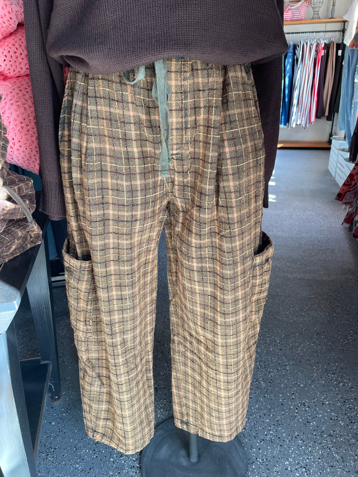 Olive Plaid Woven Barrel Pants