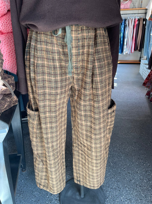 Olive Plaid Woven Barrel Pants