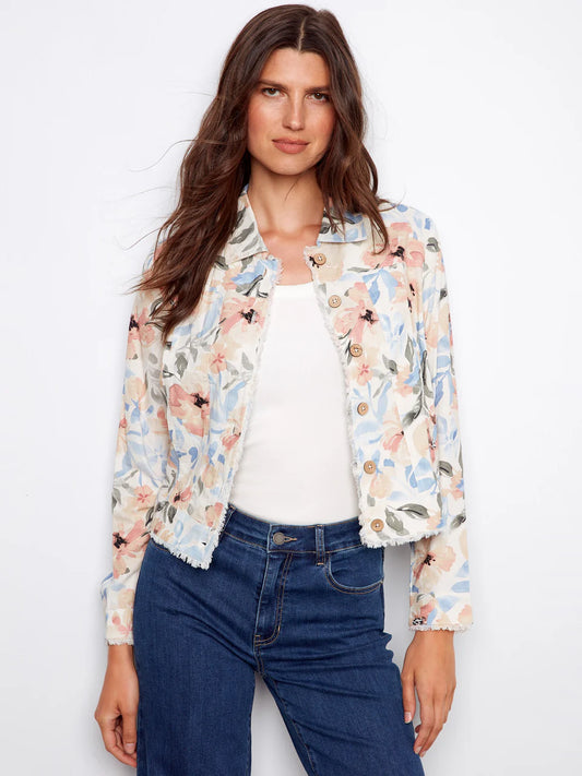 Floral Linen Jacket  with Frayed Hem