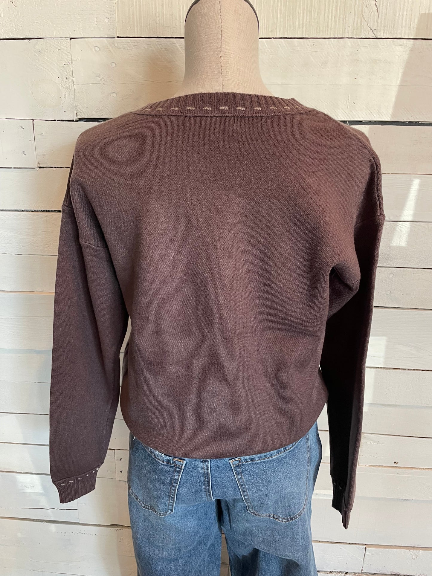 Dark Mocha Stitch Detail Crew Neck Sweater