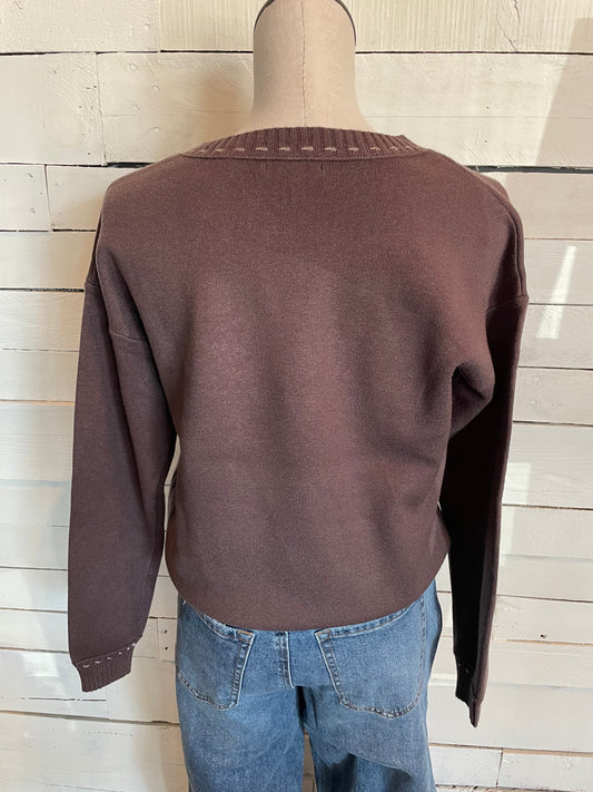 Dark Mocha Stitch Detail Crew Neck Sweater