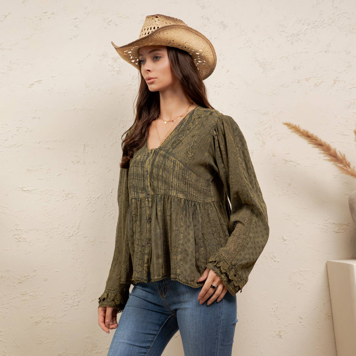 Young Threads - Vintage Boho Embroidered Lace V-Neck Peplum Top NEW - MULBERRY / REGULAR (S-M-L-XL 2-2-2-1)