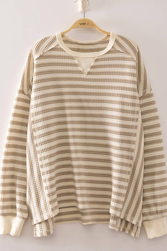 Taupe & Cream Stripe Waffle Top