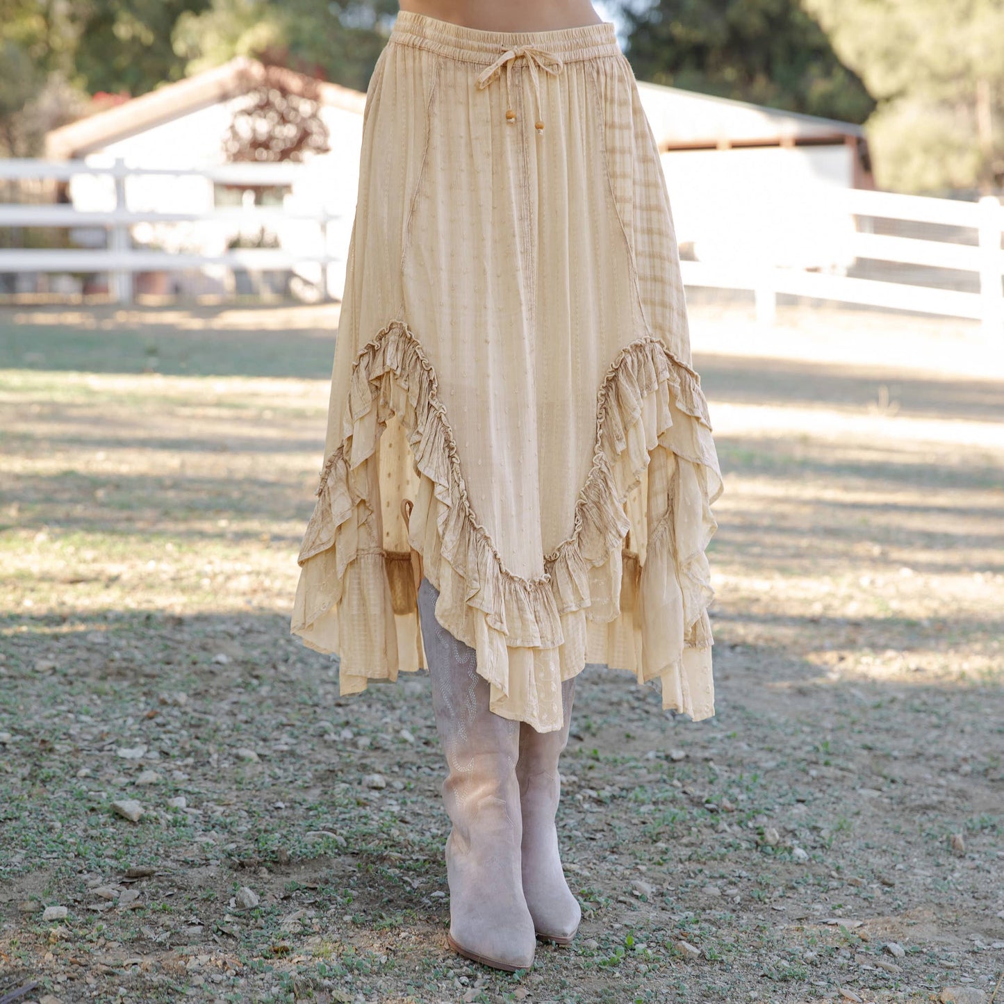 Young Threads - Rustic Bohemian: Asymmetrical Embroidered Midi Skirt - New - Latte / REGULAR (S-M-L-XL 2-2-2-1)