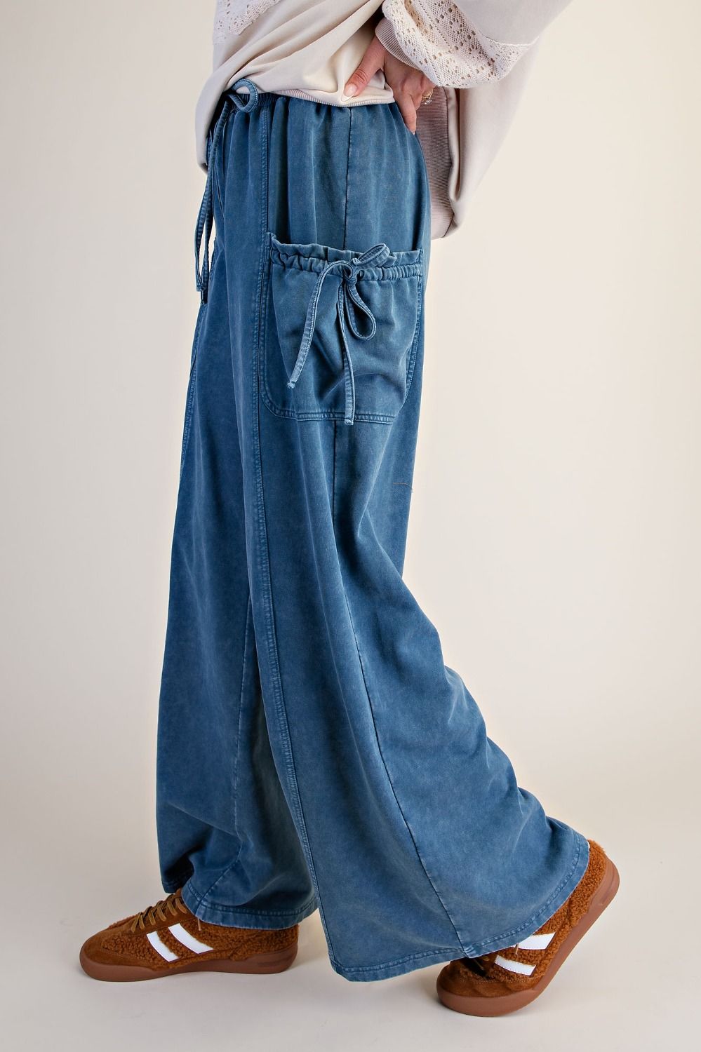 Mineral Wash Terry Knit Wide Leg Pant - Blue