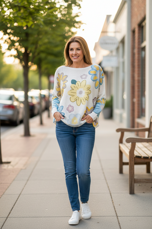 Daisy Round Knit Printed Sweater