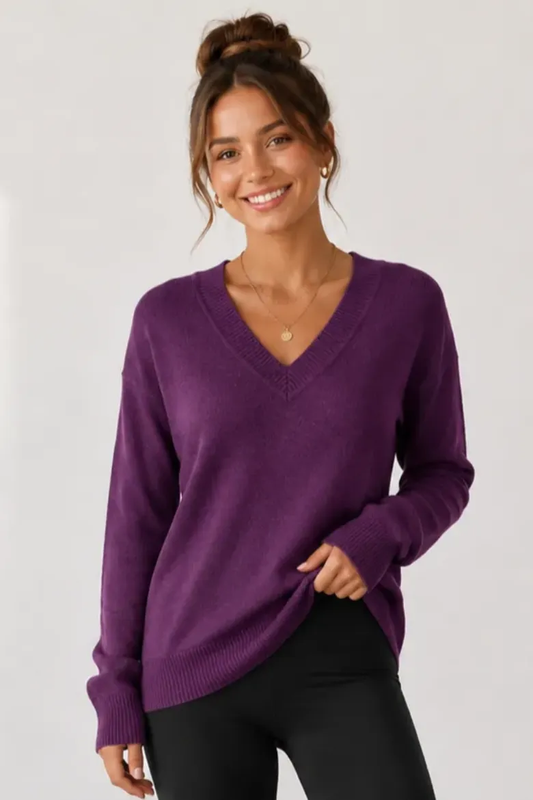 Deep Plum Jersey Stitch V-Neck Sweater