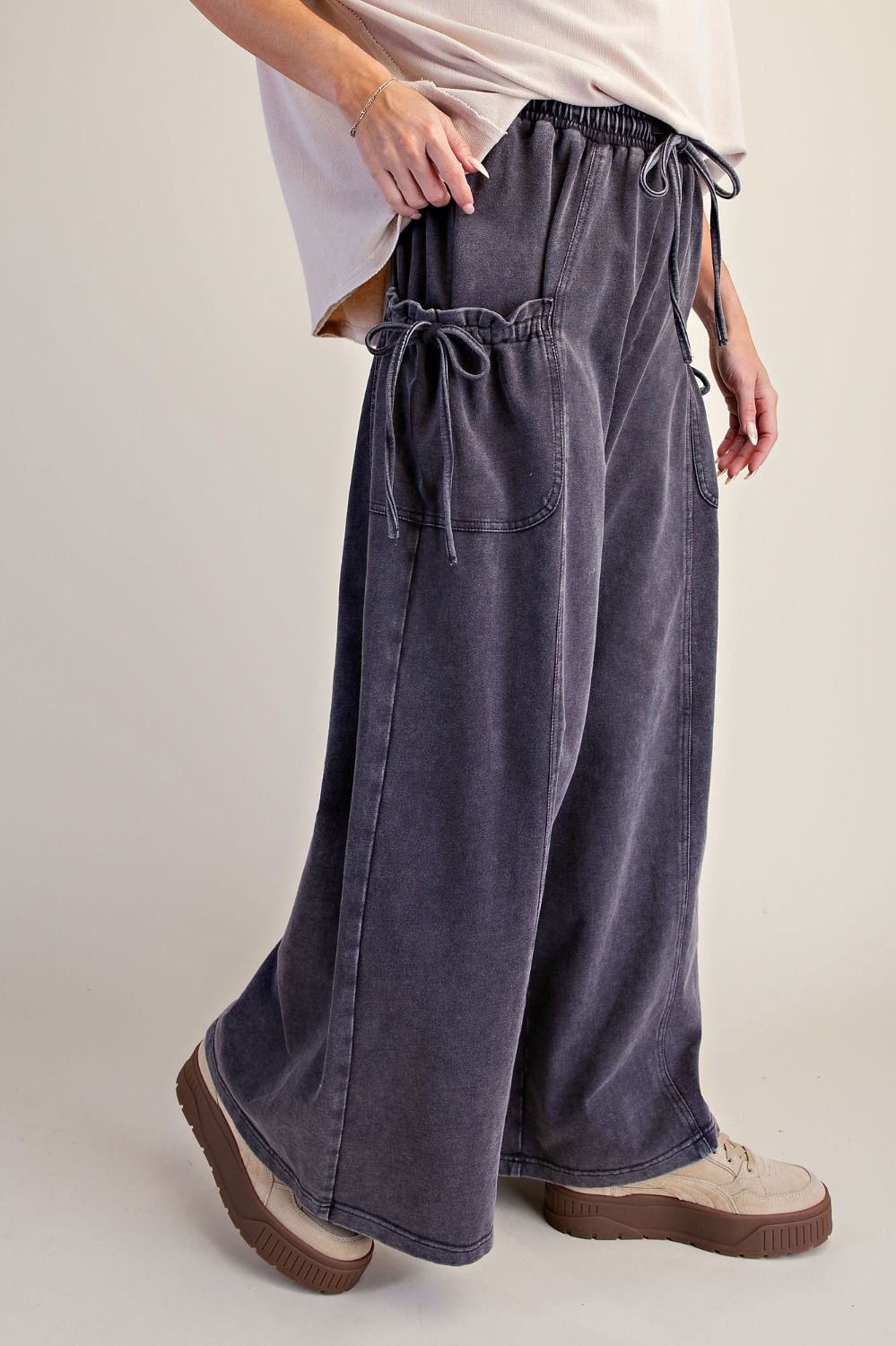 Mineral Wash Terry Knit Wide Leg Pant - Ash