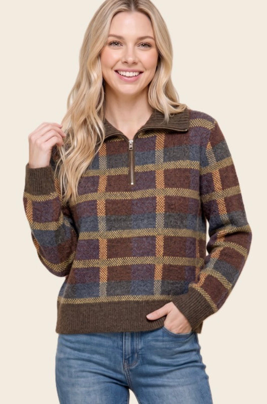 Brown Plaid 1/4 Zip Sweater