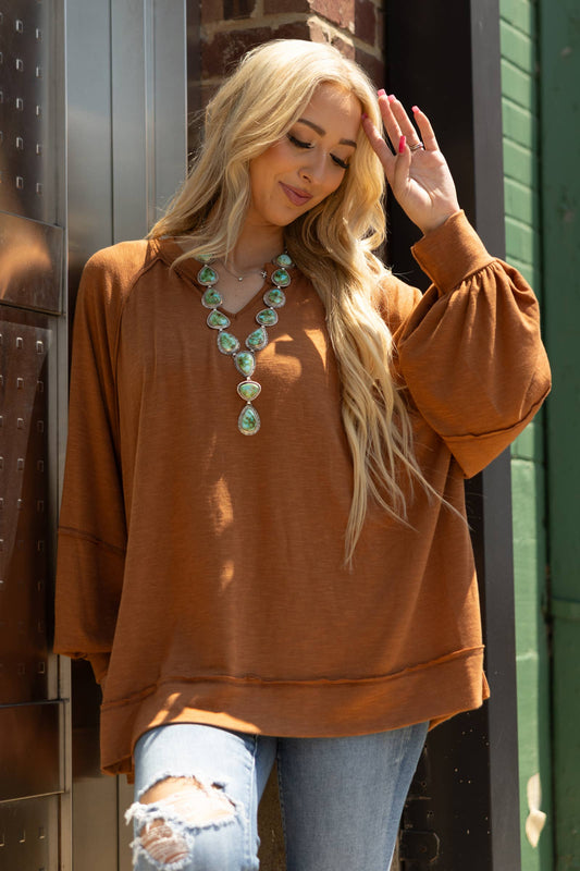 Flowy Split Neck Top - Caramel
