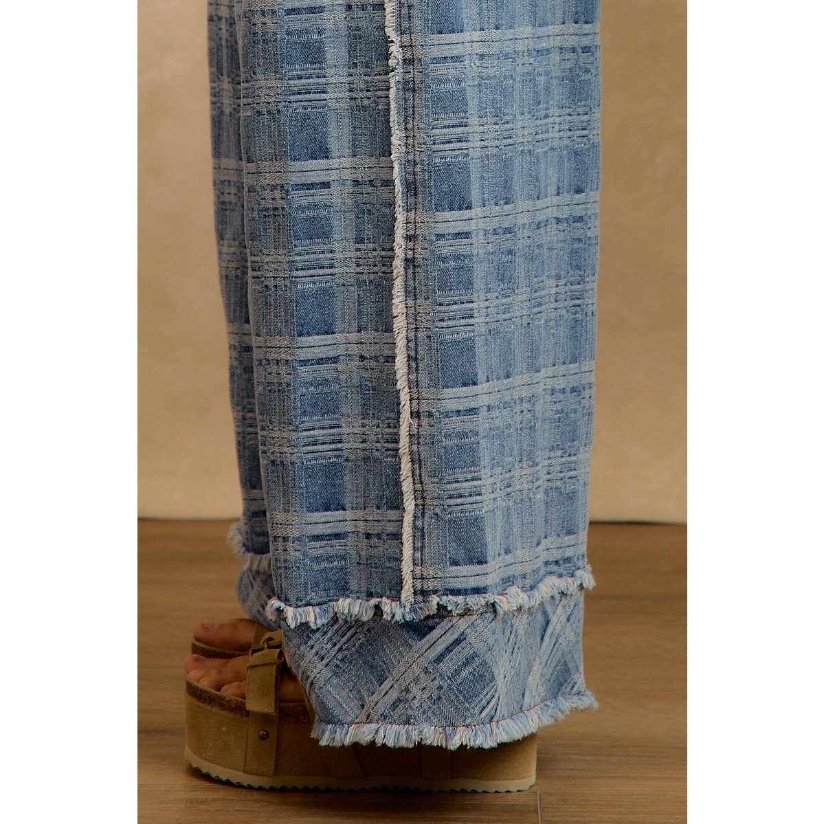 Frayed Plaid Wide Leg Jeans - Washed Denim