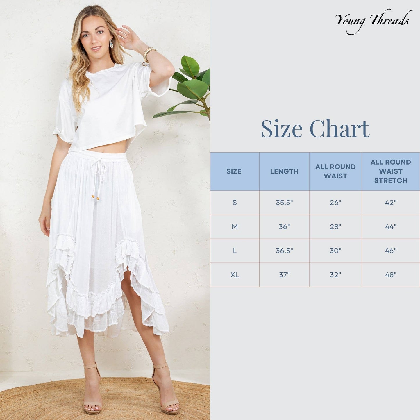 Young Threads - Rustic Bohemian: Asymmetrical Embroidered Midi Skirt - New - Latte / REGULAR (S-M-L-XL 2-2-2-1)