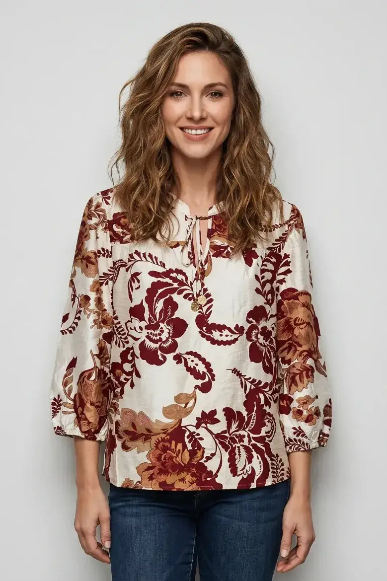 Linique Brown Floral Tie Front Balloon Sleeve Blouse