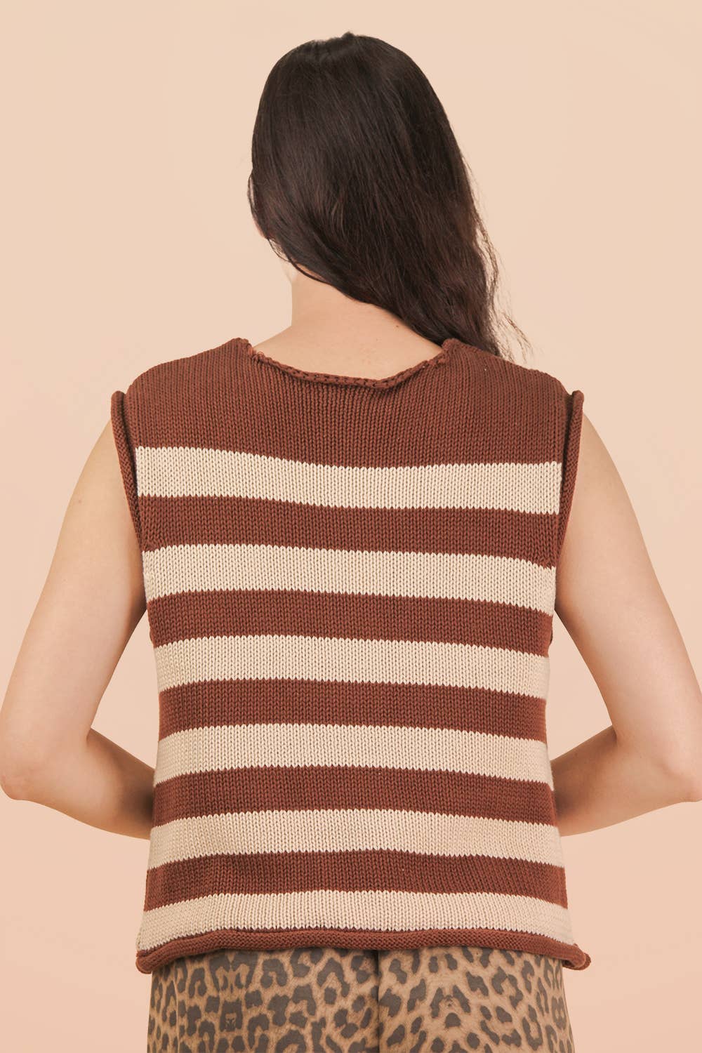 Brown Stripe Sleeveless Button-Down Knit Sweater Top