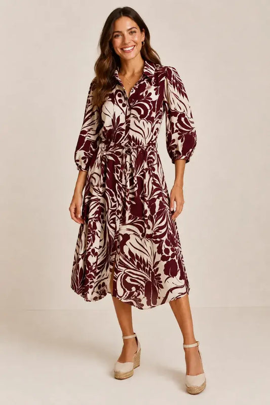 Burgundy & Cream  3/4 Balloon Sleeve Leaf Button Down Midi Dress