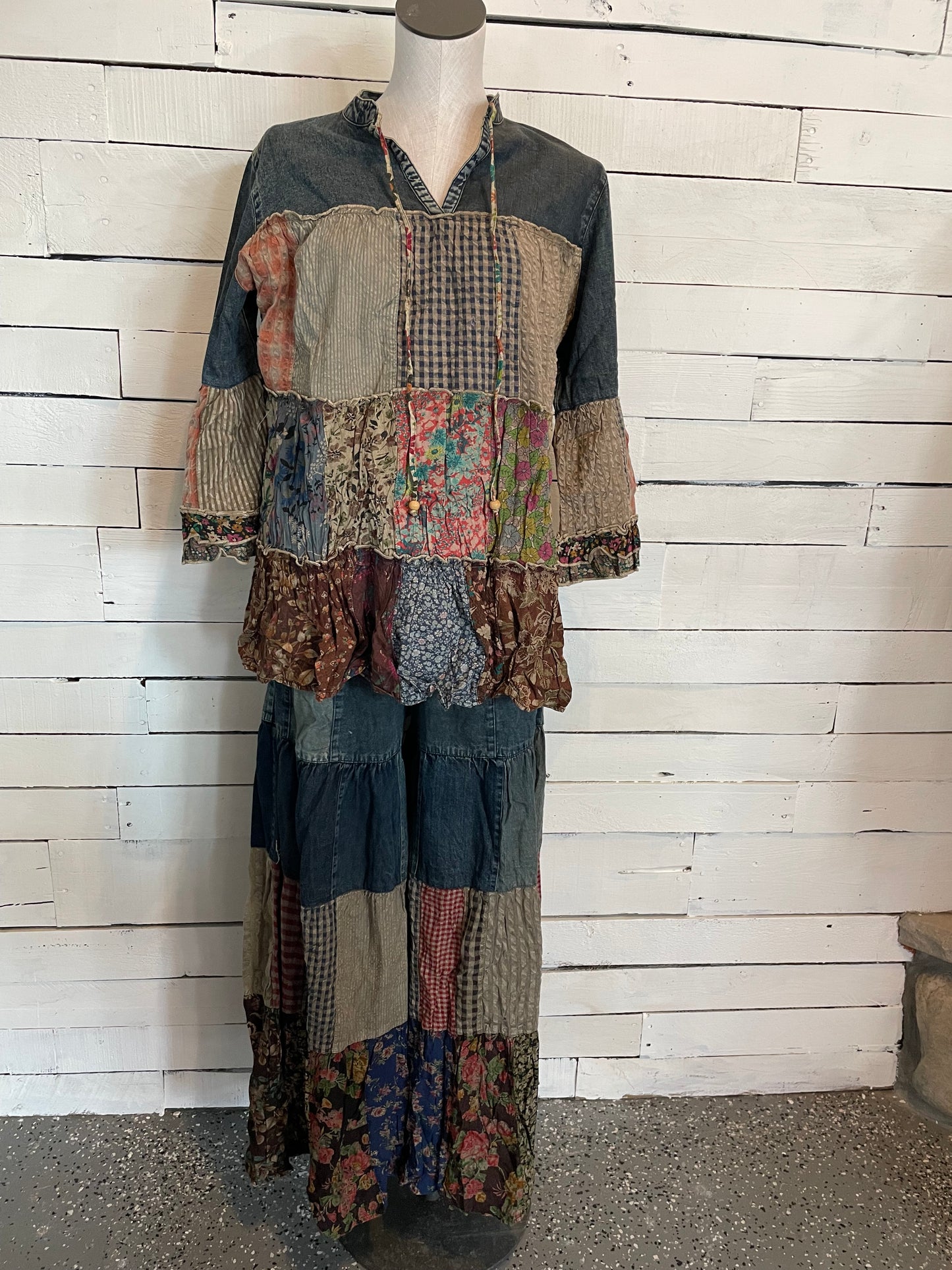 Boho Tiered Denim & Patch Pants