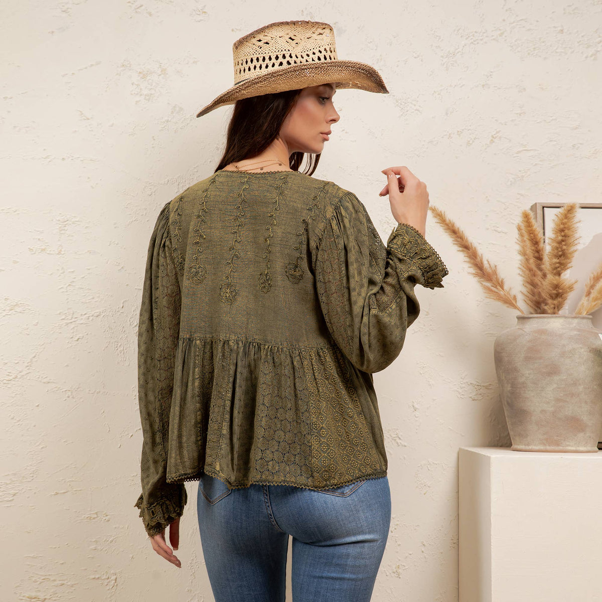 Young Threads - Vintage Boho Embroidered Lace V-Neck Peplum Top NEW - MULBERRY / REGULAR (S-M-L-XL 2-2-2-1)