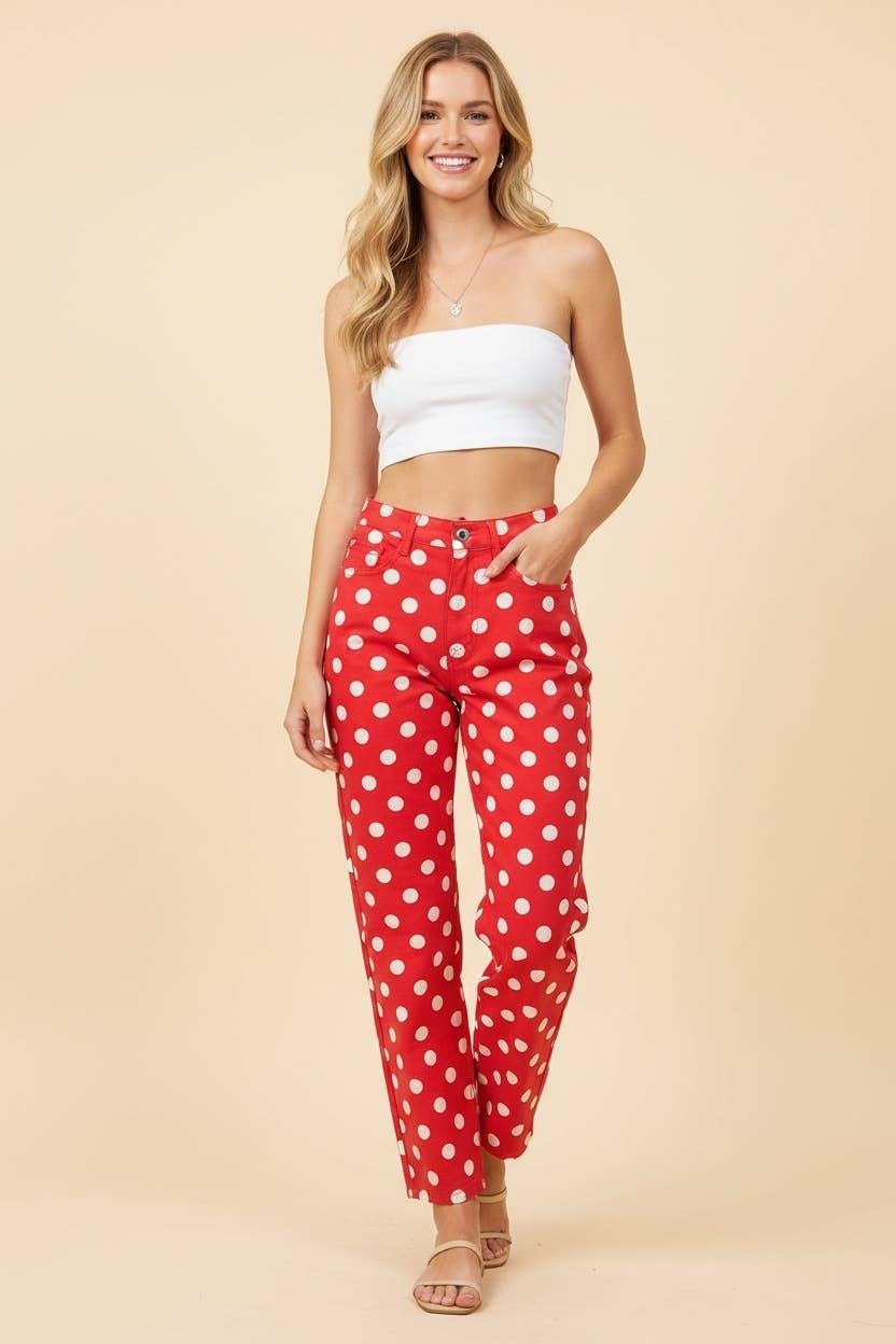 HEIMISH - HP40176 Polka Dot High Rise Straight Leg Pants - TAUPE/WHT / 3-2-1(1X-2X-3X)
