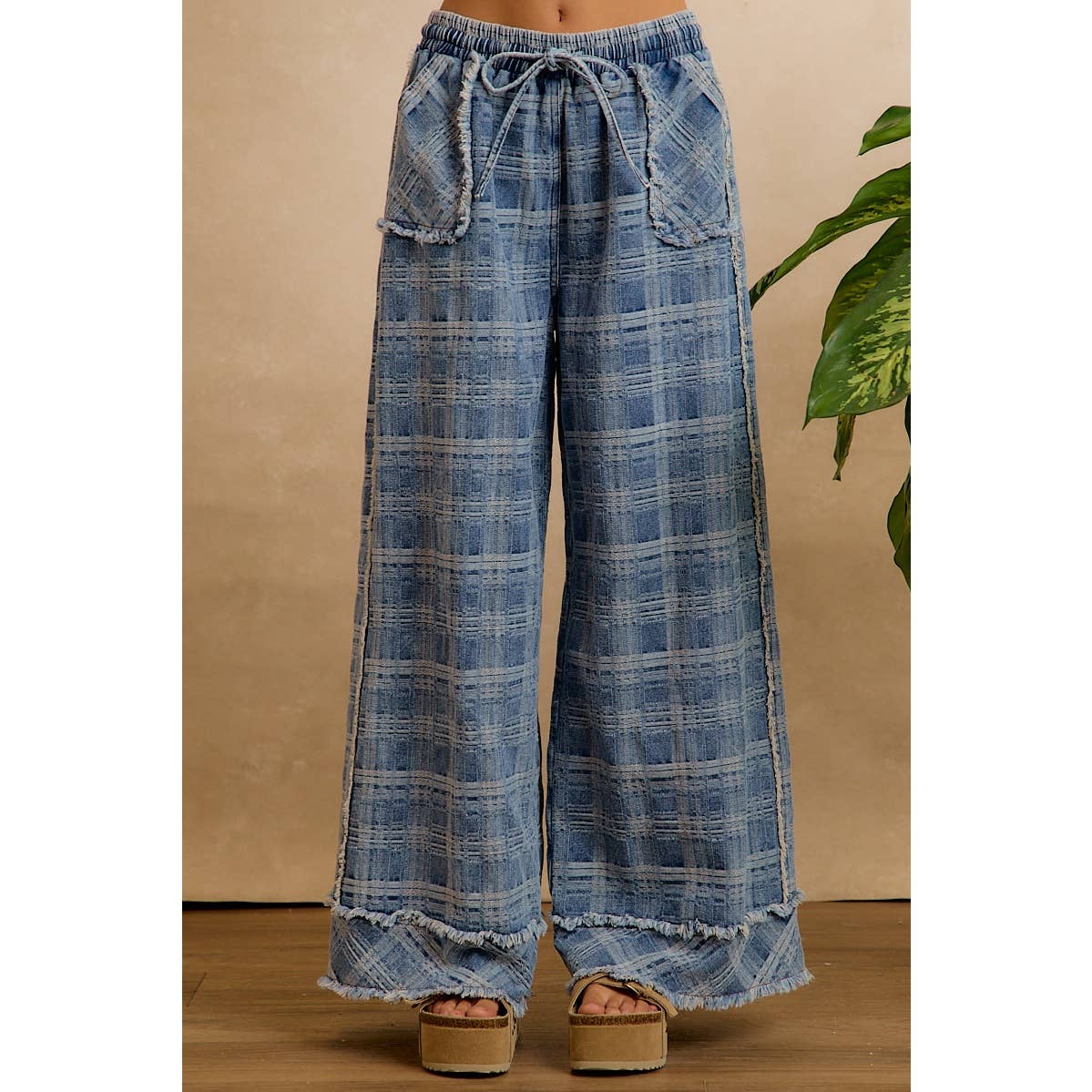Frayed Plaid Wide Leg Jeans - Washed Denim
