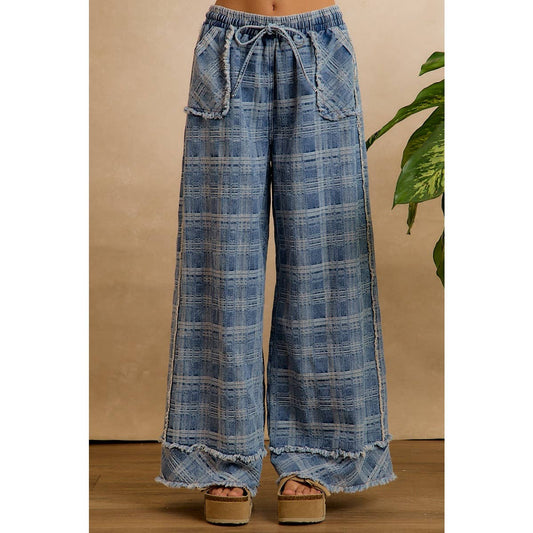 Frayed Plaid Wide Leg Jeans - Washed Denim