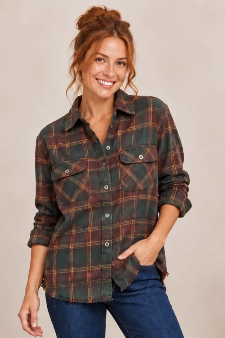 Green & Rust Plaid Flannel with Frayed Hem