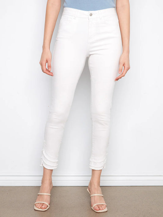 White Twill Skinny Leg Pants Fray Hem