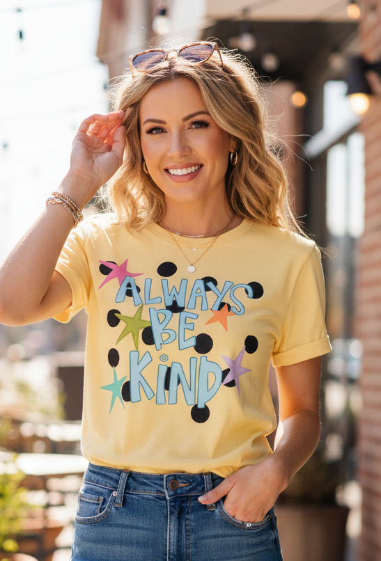 Woman wearing a yellow t-shirt with 'Always Be Kind' text and blue jeans, standing outdoors.