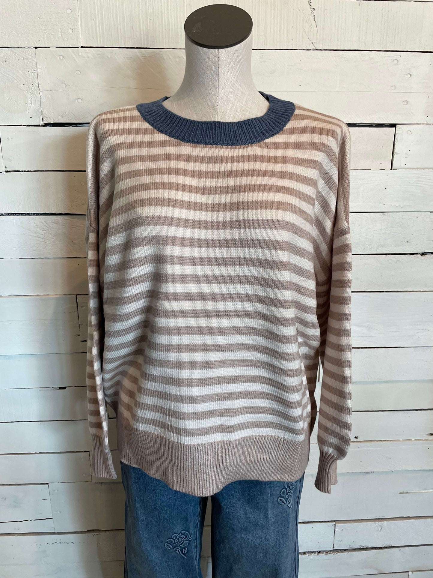Natural Stripe Denim Collar Crew Neck Sweater