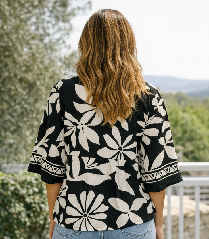 Black & Ivory Floral V-Notch Blouse